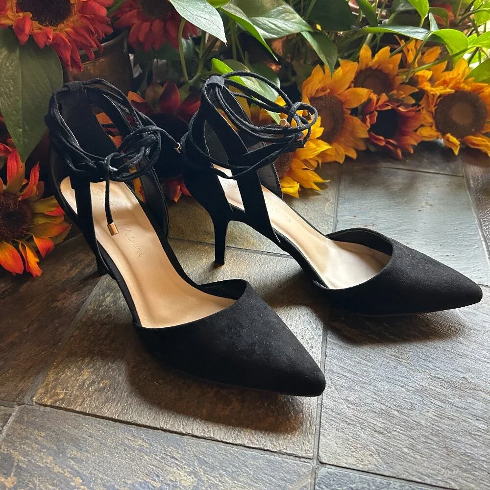Wild Diva Lounge “Marie” Black Suede Strappy Evening Stiletto Pump